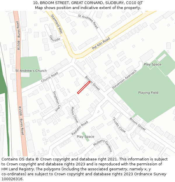 10, BROOM STREET, GREAT CORNARD, SUDBURY, CO10 0JT: Location map and indicative extent of plot