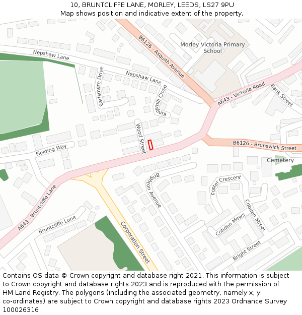 10, BRUNTCLIFFE LANE, MORLEY, LEEDS, LS27 9PU: Location map and indicative extent of plot