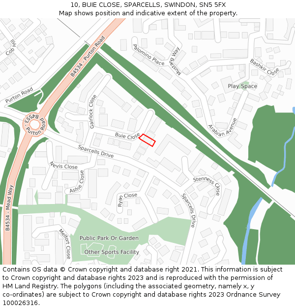 10, BUIE CLOSE, SPARCELLS, SWINDON, SN5 5FX: Location map and indicative extent of plot