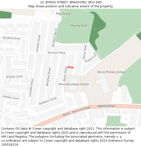 10, BYRON STREET, BRADFORD, BD3 0AD: Location map and indicative extent of plot
