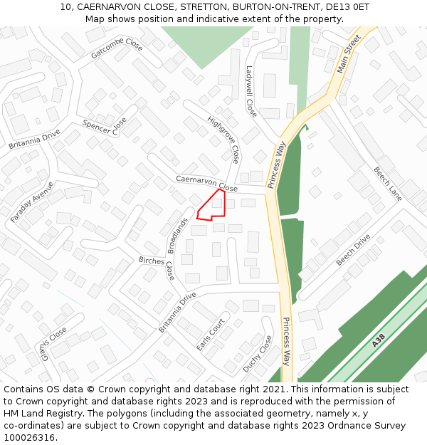 10, CAERNARVON CLOSE, STRETTON, BURTON-ON-TRENT, DE13 0ET: Location map and indicative extent of plot