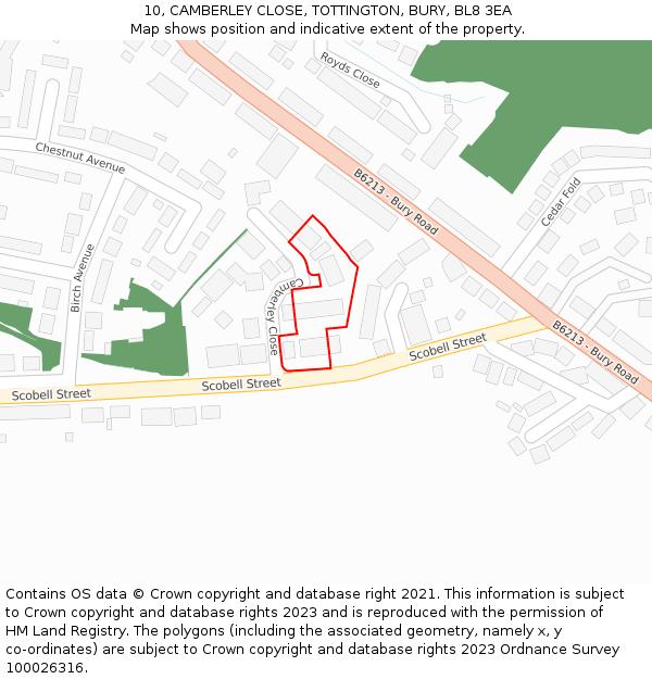10, CAMBERLEY CLOSE, TOTTINGTON, BURY, BL8 3EA: Location map and indicative extent of plot