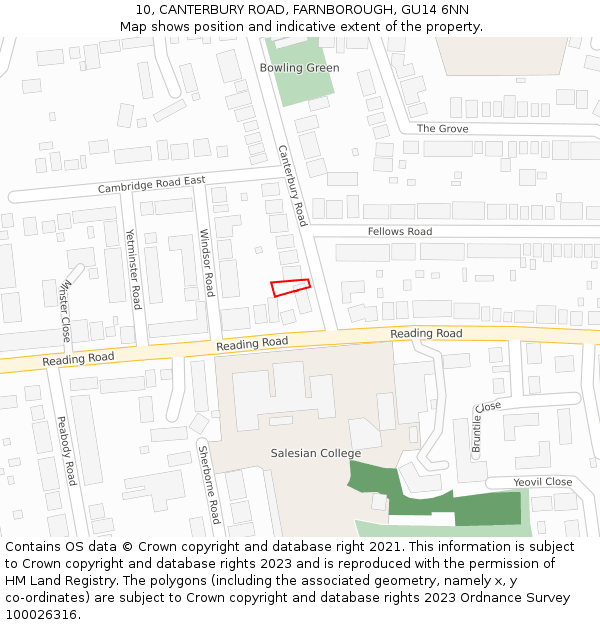 10, CANTERBURY ROAD, FARNBOROUGH, GU14 6NN: Location map and indicative extent of plot