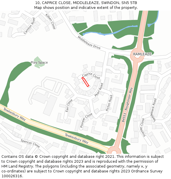 10, CAPRICE CLOSE, MIDDLELEAZE, SWINDON, SN5 5TB: Location map and indicative extent of plot