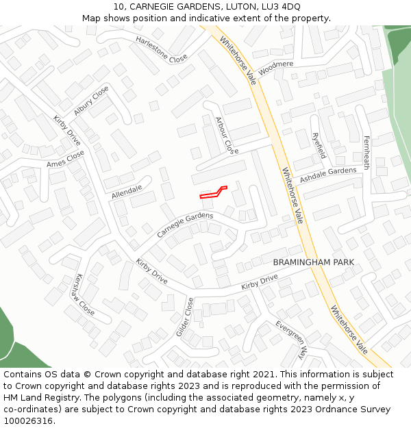 10, CARNEGIE GARDENS, LUTON, LU3 4DQ: Location map and indicative extent of plot