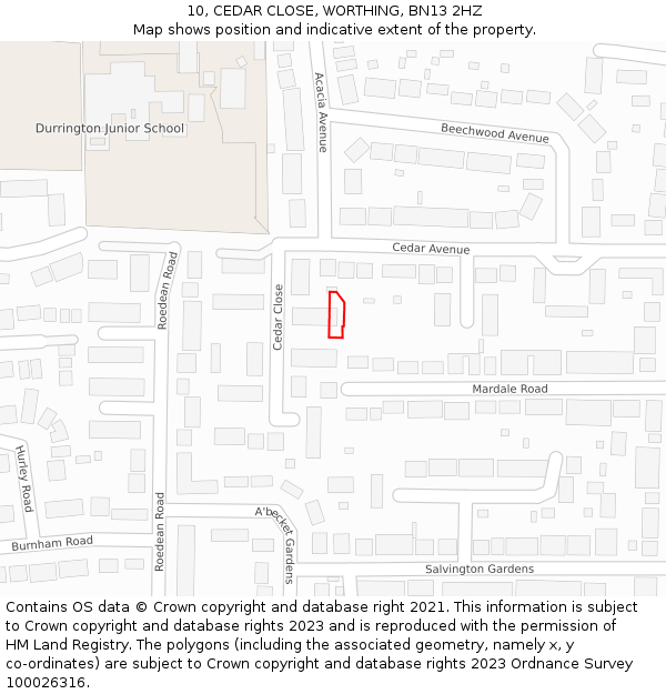 10, CEDAR CLOSE, WORTHING, BN13 2HZ: Location map and indicative extent of plot