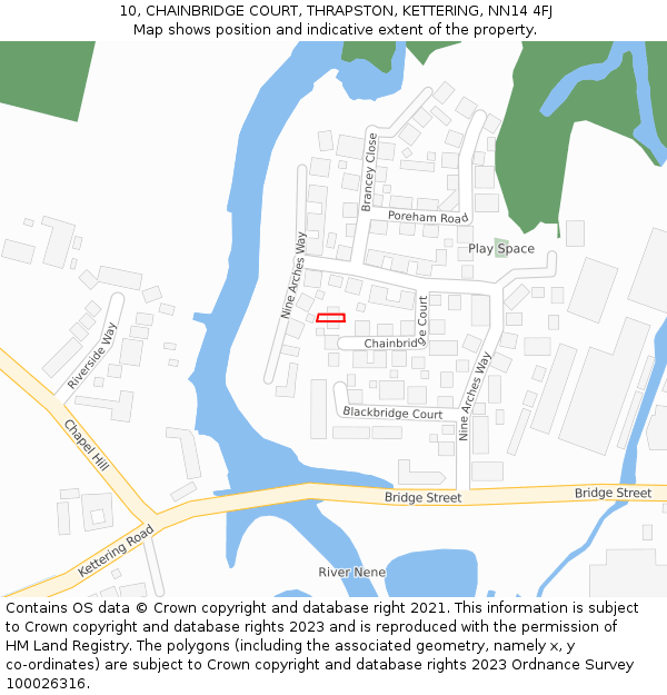 10, CHAINBRIDGE COURT, THRAPSTON, KETTERING, NN14 4FJ: Location map and indicative extent of plot