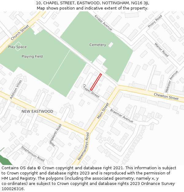 10, CHAPEL STREET, EASTWOOD, NOTTINGHAM, NG16 3JL: Location map and indicative extent of plot