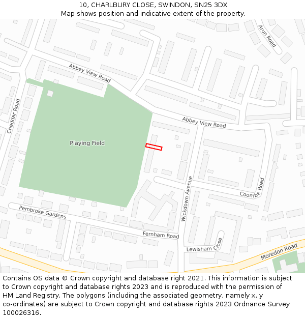 10, CHARLBURY CLOSE, SWINDON, SN25 3DX: Location map and indicative extent of plot