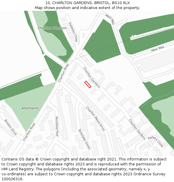 10, CHARLTON GARDENS, BRISTOL, BS10 6LX: Location map and indicative extent of plot