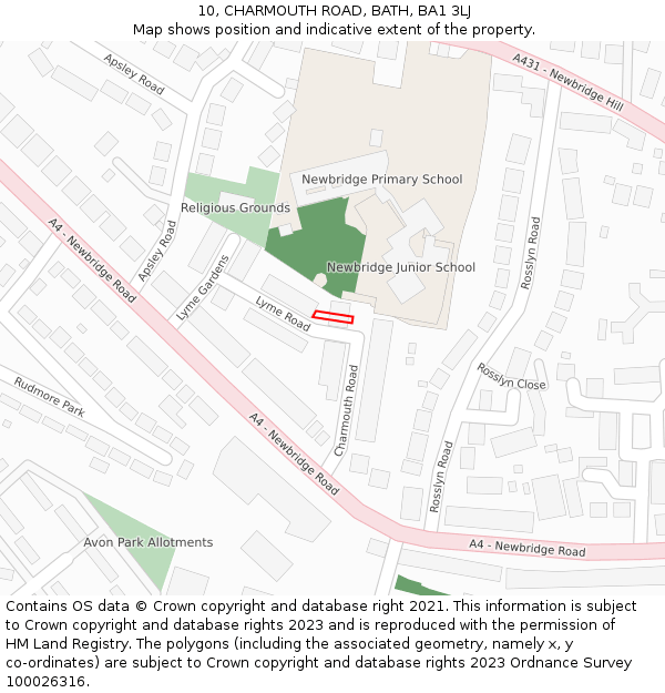 10, CHARMOUTH ROAD, BATH, BA1 3LJ: Location map and indicative extent of plot