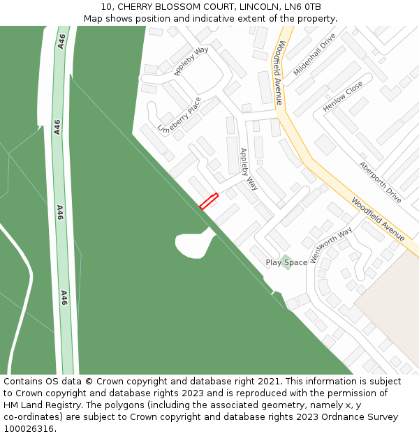 10, CHERRY BLOSSOM COURT, LINCOLN, LN6 0TB: Location map and indicative extent of plot