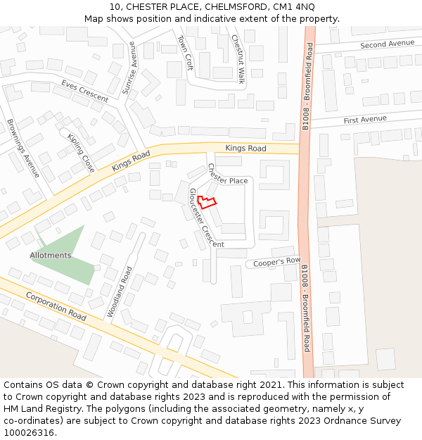 10, CHESTER PLACE, CHELMSFORD, CM1 4NQ: Location map and indicative extent of plot