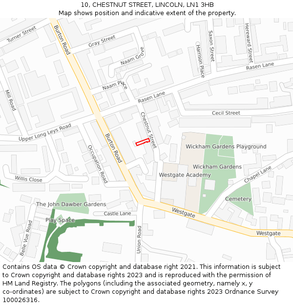 10, CHESTNUT STREET, LINCOLN, LN1 3HB: Location map and indicative extent of plot