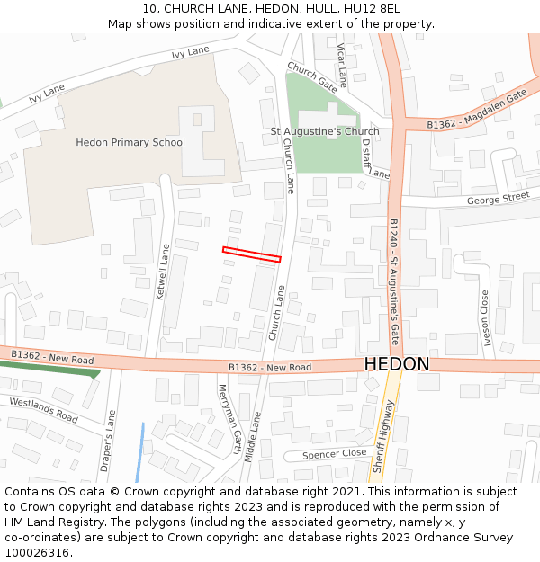 10, CHURCH LANE, HEDON, HULL, HU12 8EL: Location map and indicative extent of plot