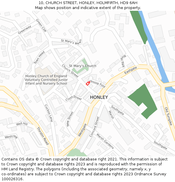 10, CHURCH STREET, HONLEY, HOLMFIRTH, HD9 6AH: Location map and indicative extent of plot
