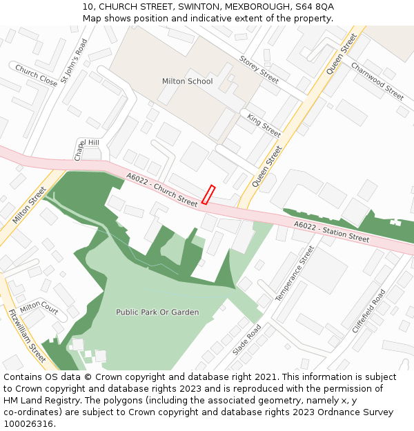 10, CHURCH STREET, SWINTON, MEXBOROUGH, S64 8QA: Location map and indicative extent of plot