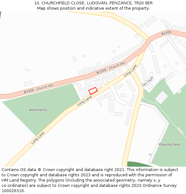 10, CHURCHFIELD CLOSE, LUDGVAN, PENZANCE, TR20 8ER: Location map and indicative extent of plot
