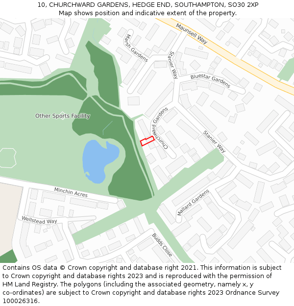 10, CHURCHWARD GARDENS, HEDGE END, SOUTHAMPTON, SO30 2XP: Location map and indicative extent of plot
