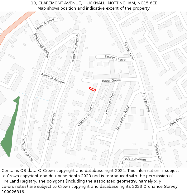 10, CLAREMONT AVENUE, HUCKNALL, NOTTINGHAM, NG15 6EE: Location map and indicative extent of plot