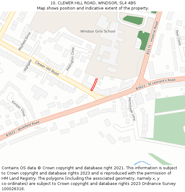 10, CLEWER HILL ROAD, WINDSOR, SL4 4BS: Location map and indicative extent of plot