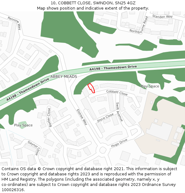 10, COBBETT CLOSE, SWINDON, SN25 4GZ: Location map and indicative extent of plot