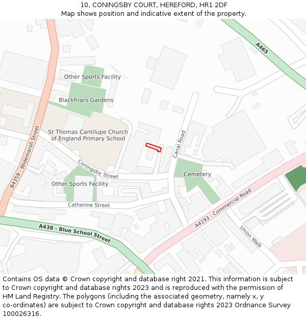10, CONINGSBY COURT, HEREFORD, HR1 2DF: Location map and indicative extent of plot