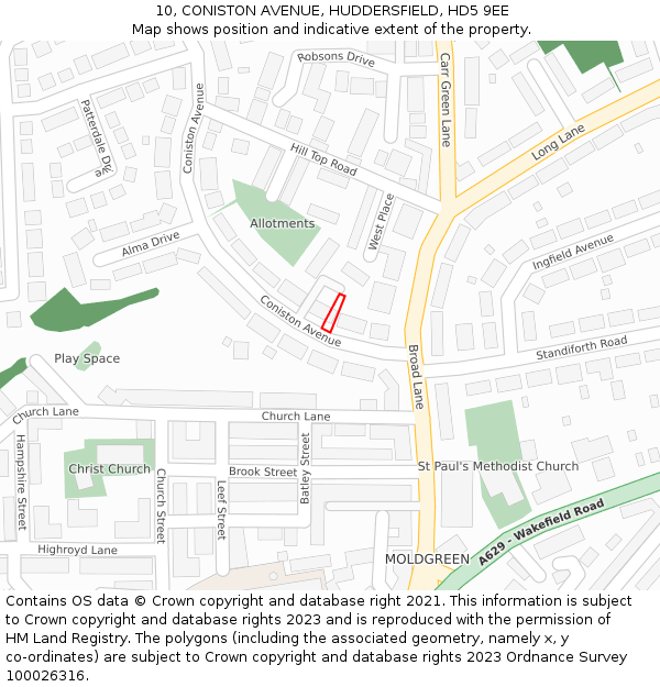 10, CONISTON AVENUE, HUDDERSFIELD, HD5 9EE: Location map and indicative extent of plot