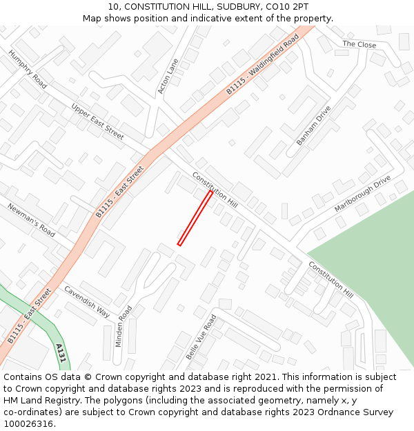 10, CONSTITUTION HILL, SUDBURY, CO10 2PT: Location map and indicative extent of plot