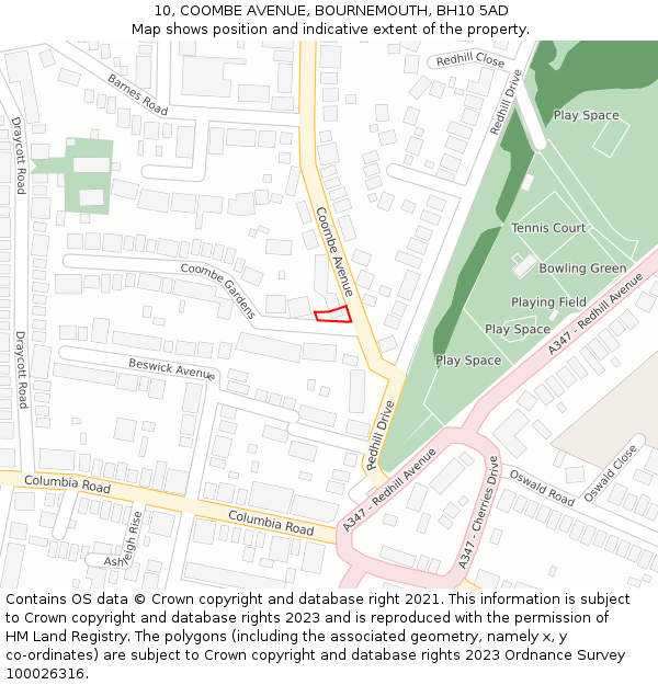 10, COOMBE AVENUE, BOURNEMOUTH, BH10 5AD: Location map and indicative extent of plot