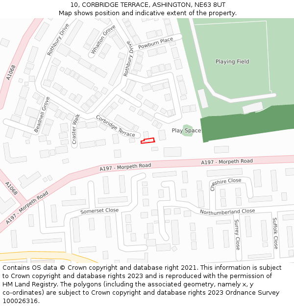 10, CORBRIDGE TERRACE, ASHINGTON, NE63 8UT: Location map and indicative extent of plot