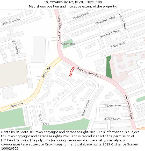 10, COWPEN ROAD, BLYTH, NE24 5BS: Location map and indicative extent of plot