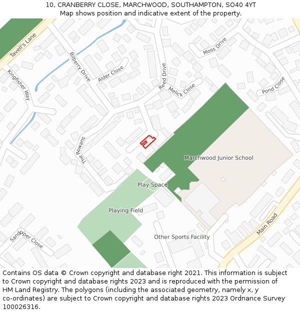 10, CRANBERRY CLOSE, MARCHWOOD, SOUTHAMPTON, SO40 4YT: Location map and indicative extent of plot