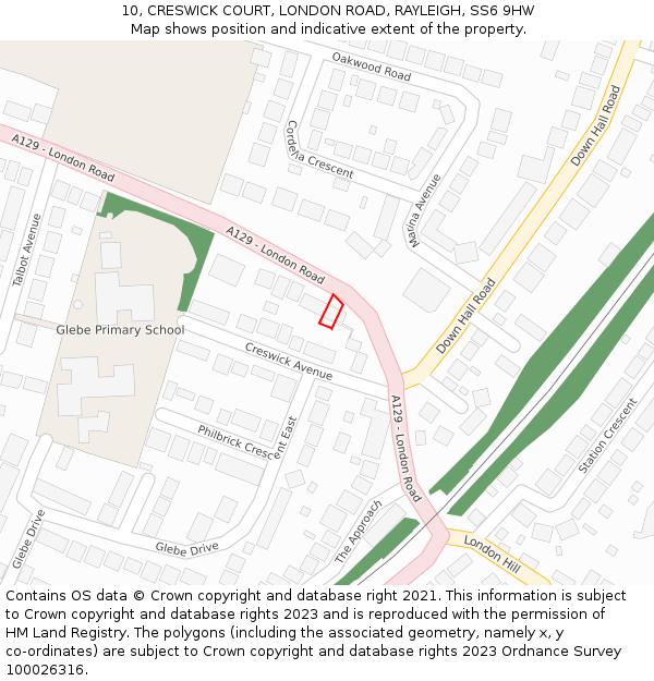 10, CRESWICK COURT, LONDON ROAD, RAYLEIGH, SS6 9HW: Location map and indicative extent of plot