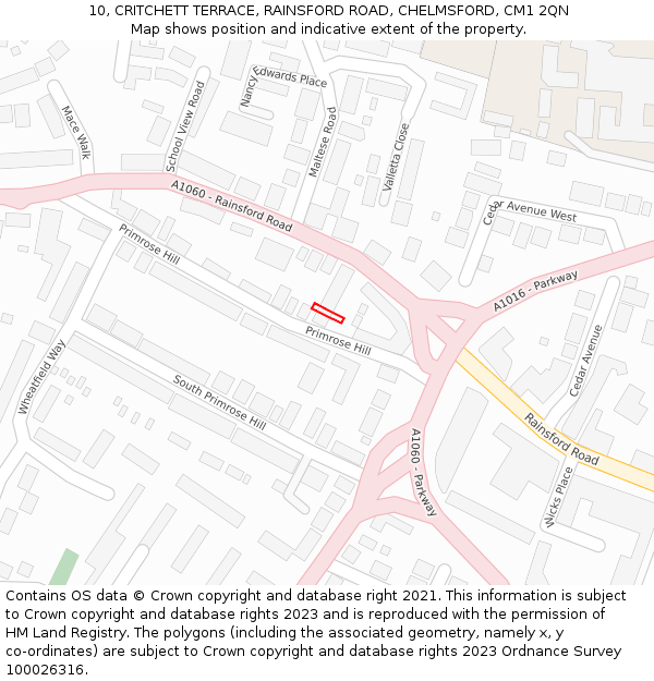 10, CRITCHETT TERRACE, RAINSFORD ROAD, CHELMSFORD, CM1 2QN: Location map and indicative extent of plot