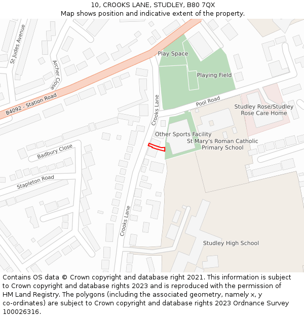 10, CROOKS LANE, STUDLEY, B80 7QX: Location map and indicative extent of plot