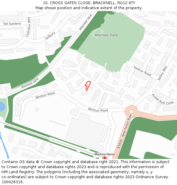 10, CROSS GATES CLOSE, BRACKNELL, RG12 9TY: Location map and indicative extent of plot