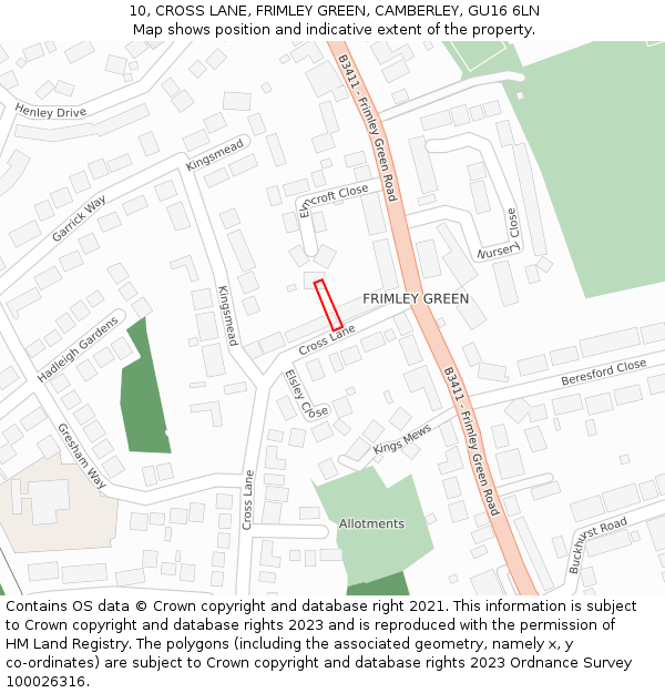 10, CROSS LANE, FRIMLEY GREEN, CAMBERLEY, GU16 6LN: Location map and indicative extent of plot