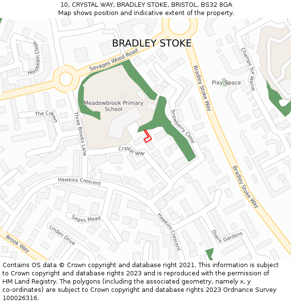 10, CRYSTAL WAY, BRADLEY STOKE, BRISTOL, BS32 8GA: Location map and indicative extent of plot