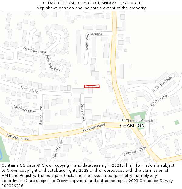 10, DACRE CLOSE, CHARLTON, ANDOVER, SP10 4HE: Location map and indicative extent of plot