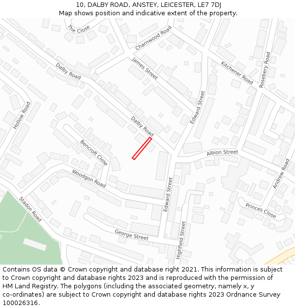 10, DALBY ROAD, ANSTEY, LEICESTER, LE7 7DJ: Location map and indicative extent of plot
