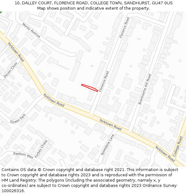 10, DALLEY COURT, FLORENCE ROAD, COLLEGE TOWN, SANDHURST, GU47 0US: Location map and indicative extent of plot