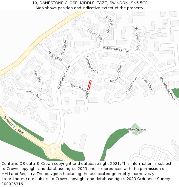 10, DANESTONE CLOSE, MIDDLELEAZE, SWINDON, SN5 5GP: Location map and indicative extent of plot