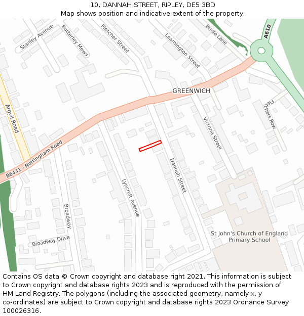 10, DANNAH STREET, RIPLEY, DE5 3BD: Location map and indicative extent of plot