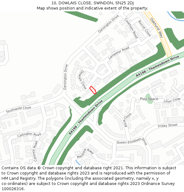 10, DOWLAIS CLOSE, SWINDON, SN25 2DJ: Location map and indicative extent of plot