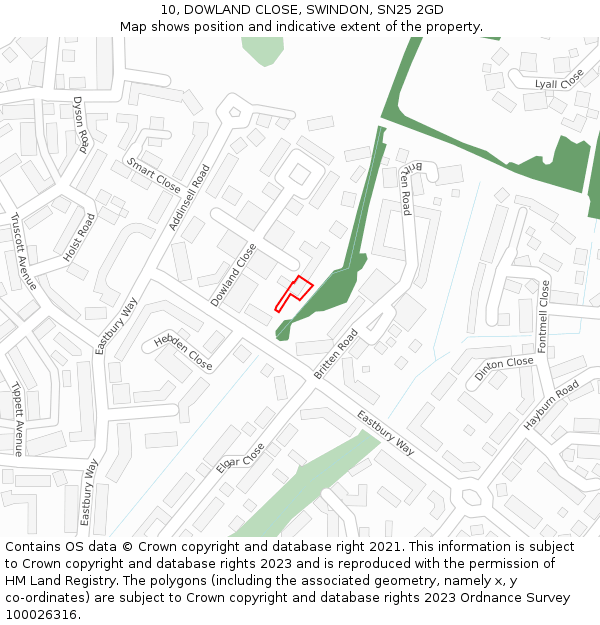 10, DOWLAND CLOSE, SWINDON, SN25 2GD: Location map and indicative extent of plot