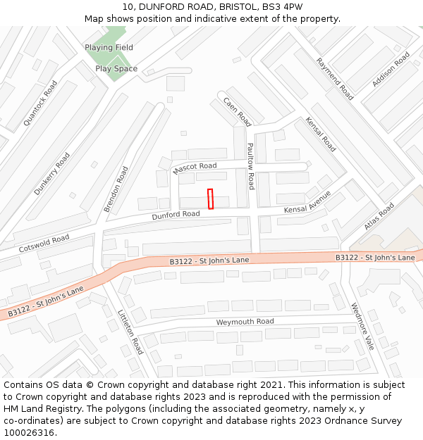 10, DUNFORD ROAD, BRISTOL, BS3 4PW: Location map and indicative extent of plot