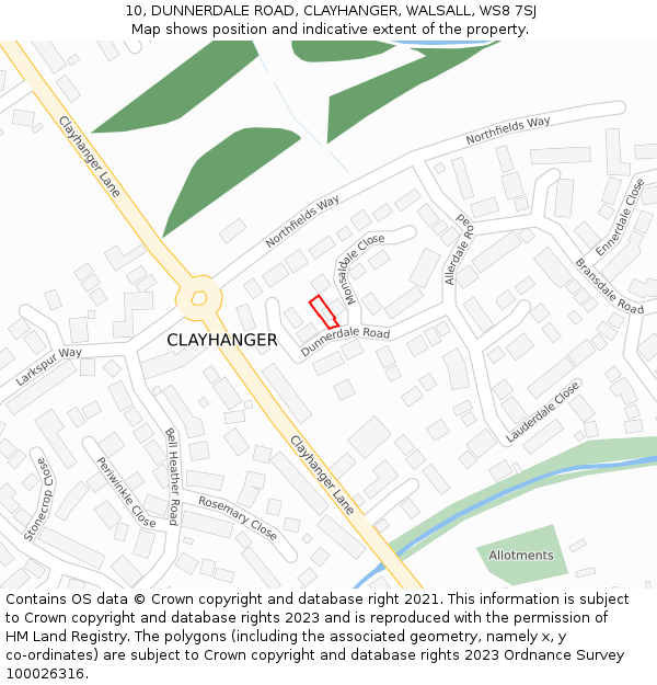 10, DUNNERDALE ROAD, CLAYHANGER, WALSALL, WS8 7SJ: Location map and indicative extent of plot