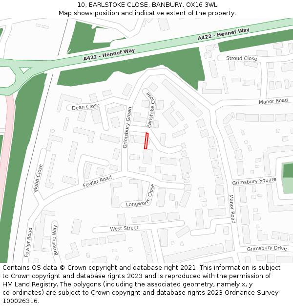 10, EARLSTOKE CLOSE, BANBURY, OX16 3WL: Location map and indicative extent of plot