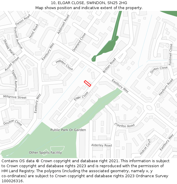 10, ELGAR CLOSE, SWINDON, SN25 2HG: Location map and indicative extent of plot